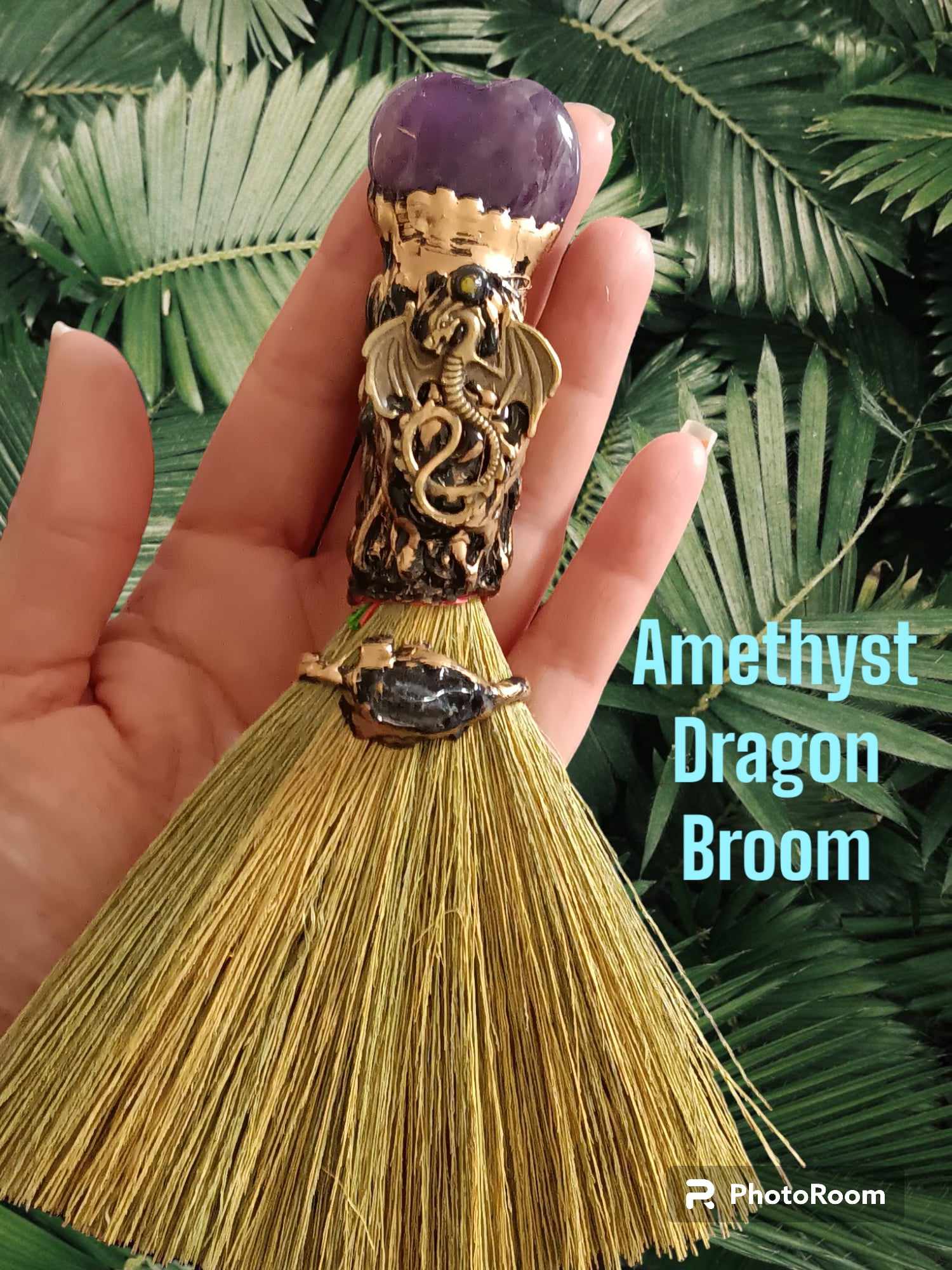 Amethyst Heart Crystal Broom with Dragon Charm - Click Image to Close